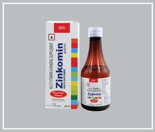 ZINKOMIN  200  ML (Vit A 240 mcg + B1 0.75 mg + B2 0.75 mg + B3 7.5 mg + B5 0.5 mg + B6 0.5 mg + B12 0.5 mcg + D3 2.5 mcg + E 2.5 mg + Lysine HCl 5 mg + Zinc 9 mg + Copper 0.3 mg + Iodine 38 mcg) by Intas