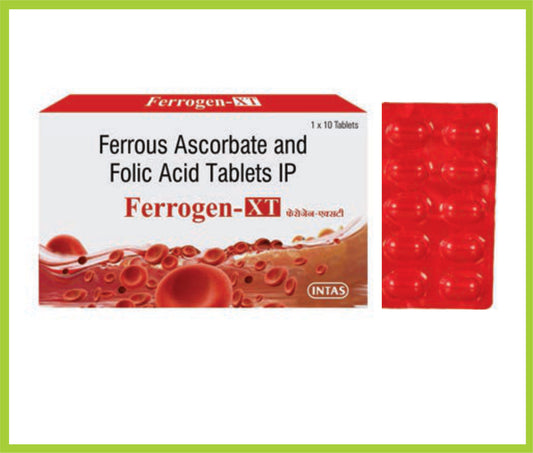 Ferrogen Xt 10 Tab Ferrous Ascorbate 100 mg + Folic Acid 1.5 mg by Intas
