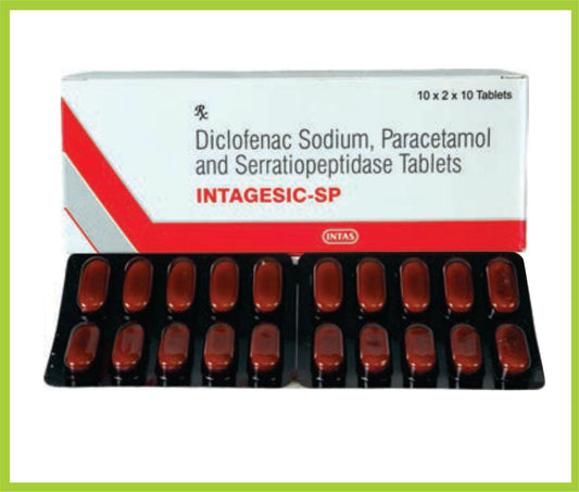 Intagesic Sp 10 Tab Diclofenac Sodium 50 mg + Paracetamol 325 mg + Serratiopeptidase 10 mg by Intas