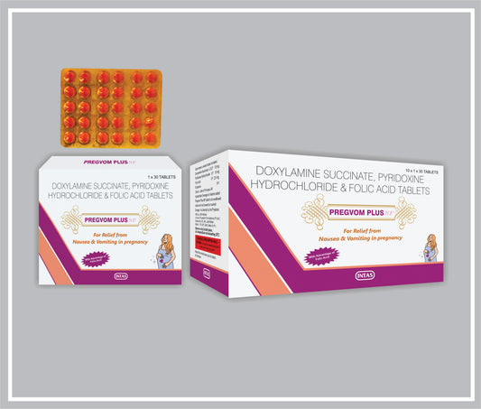PREGVOM PLUS NF 30 TAB (Doxylamine Succinate 10 mg + Pyridoxine 10 mg + Folic Acid 2.5 mg) by Intas