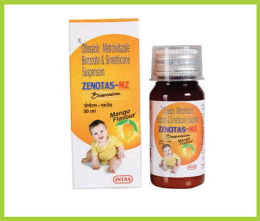 Zenotas-Mz Suspension 30 Ml Ofloxacin 50 mg + Metronidazole 120 mg + Simethicone 10 mg by Intas