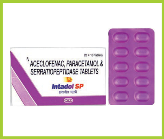 Intadol- Sp 10 Tab (Combo) Aceclofenac 100 mg + Paracetamol 325 mg + Serratiopeptidase 10 mg by Intas