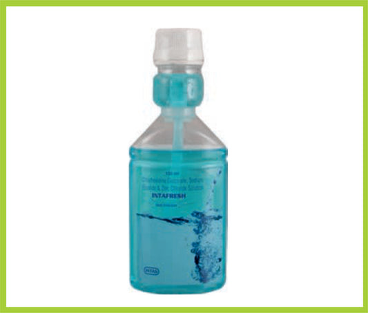 Intafresh Mouthwash 150 Ml(Combo) Chlorhexidine Gluconate 0.2% w/v + Sodium Fluoride 0.05% w/v + Zinc Chloride 0.09% w/v by Intas