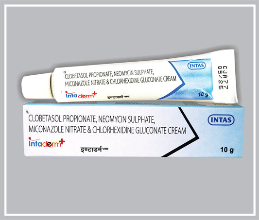 INTADERM PLUS 10 GM (COMBO) (Clobetasol Propionate 0.05% w/w + Neomycin Sulphate 0.05% w/w + Miconazole Nitrate 2% w/w + Chlorhexidine Gluconate 0.2% w/w) by Intas