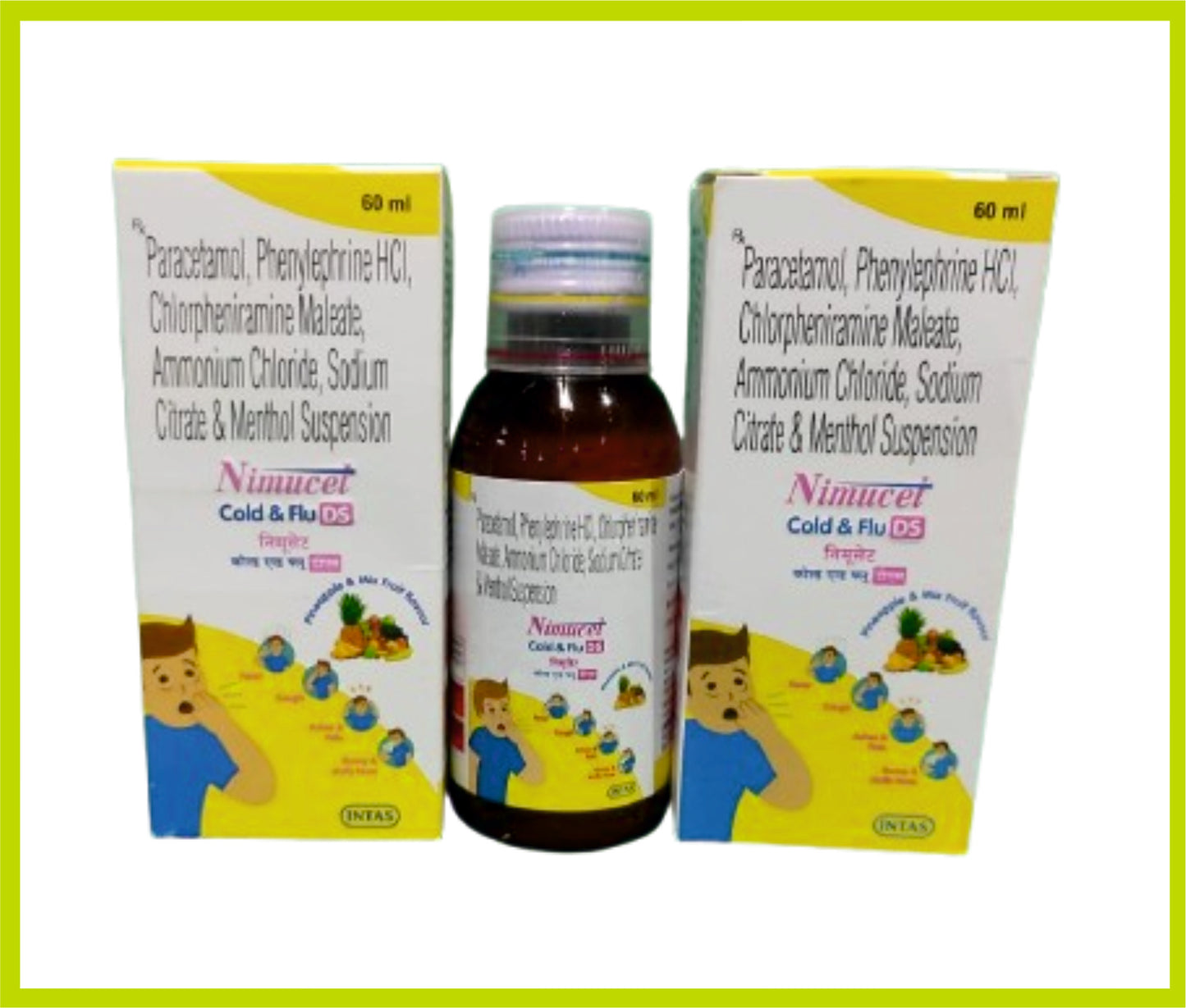 Nimucet Cold & Flu Ds Sus 60Ml Paracetamol 250 mg + Phenylephrine 5 mg + Chlorpheniramine Maleate 2 mg + Sodium Citrate 60 mg + Ammonium Chloride 120 mg + Menthol 1 mg by Intas
