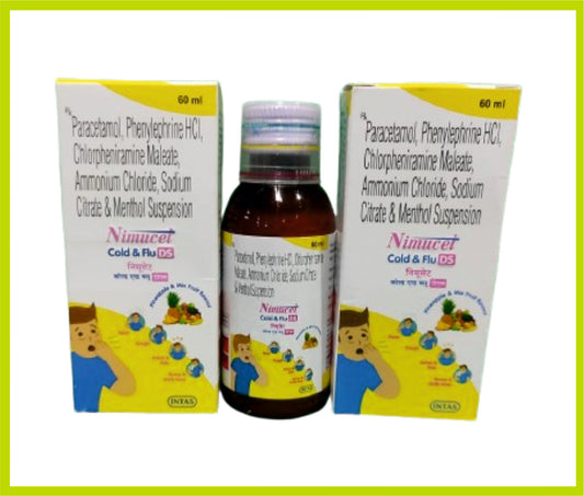 Nimucet Cold & Flu Ds Sus 60Ml Paracetamol 250 mg + Phenylephrine 5 mg + Chlorpheniramine Maleate 2 mg + Sodium Citrate 60 mg + Ammonium Chloride 120 mg + Menthol 1 mg by Intas