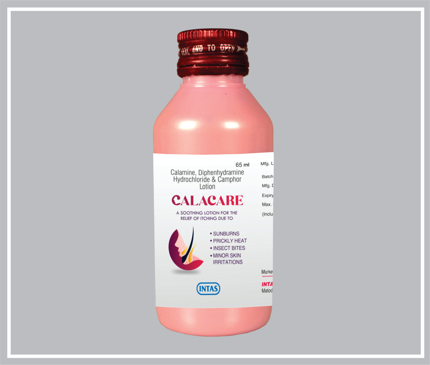 CALACARE 65 ML (Calamine 8%w/v + Diphenhydramine Hydrochloride 1%w/v + Camphor 0.1%w/v) by Intas