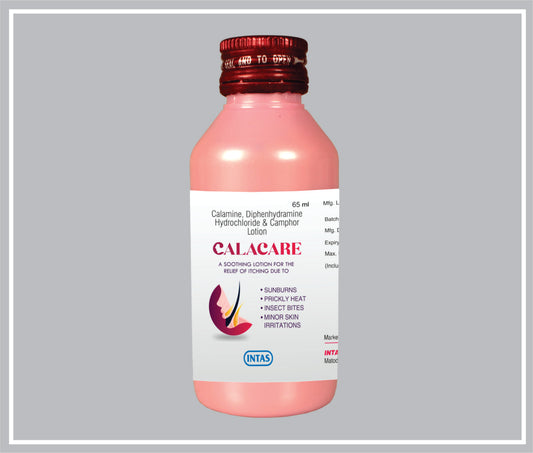 CALACARE 65 ML (Calamine 8%w/v + Diphenhydramine Hydrochloride 1%w/v + Camphor 0.1%w/v) by Intas