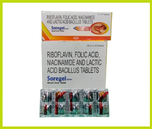 Soregel Tablet (10T) Riboflavin 10 mg + Folic Acid 1.5 mg + Niacinamide 10 mg + Lactic Acid Bacillus 60 million by Intas