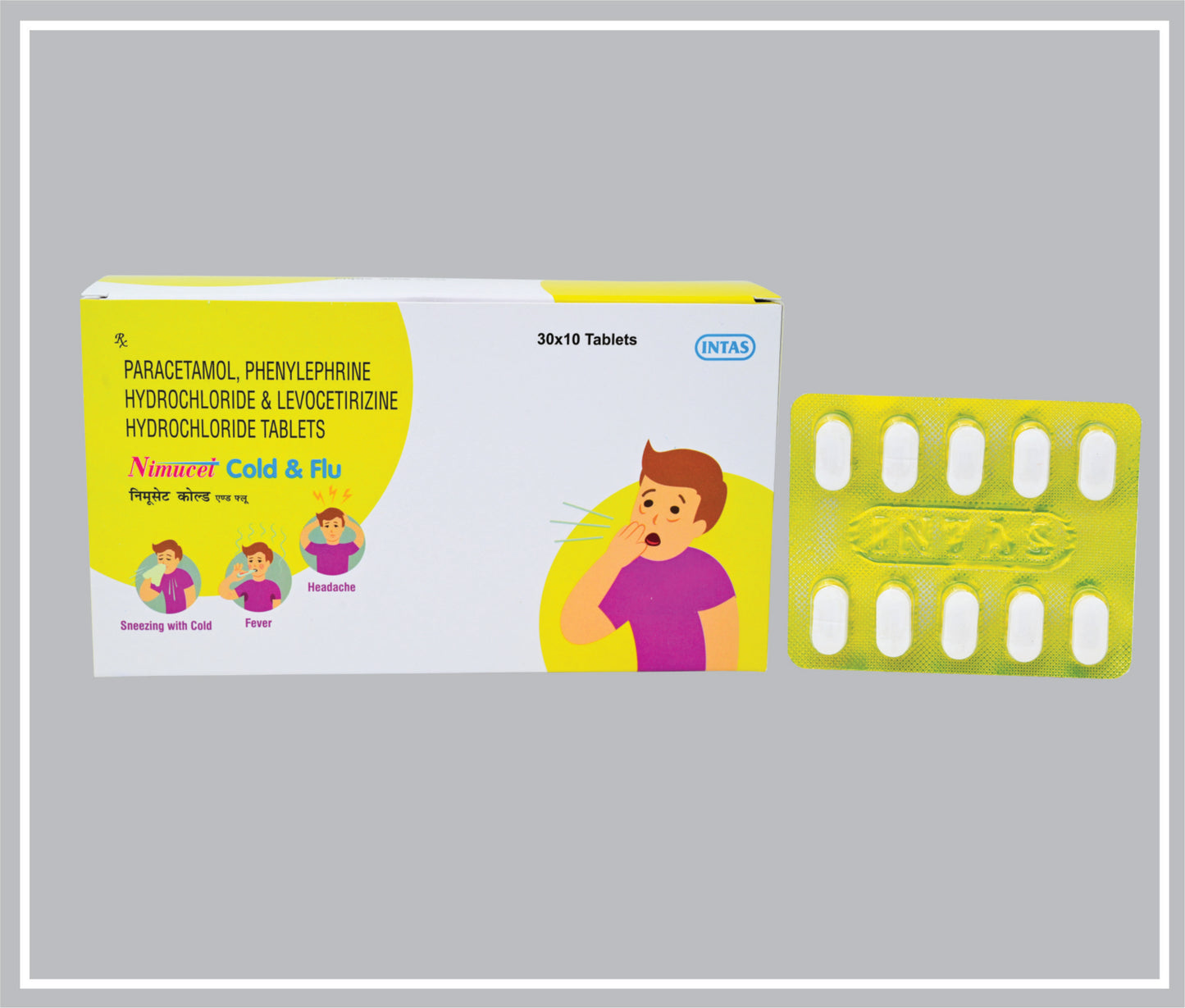NIMUCET COLD & FLU ADVANCED (10T) (Combo) (Parcetamol 500mg + Phenylephrine Hydrochloride 5mg + Caffeine 30mg + Diphenhydramine Hydrochloride 25mg) by Intas