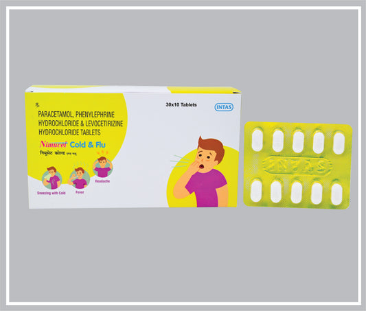 NIMUCET COLD & FLU ADVANCED (10T) (Combo) (Parcetamol 500mg + Phenylephrine Hydrochloride 5mg + Caffeine 30mg + Diphenhydramine Hydrochloride 25mg) by Intas