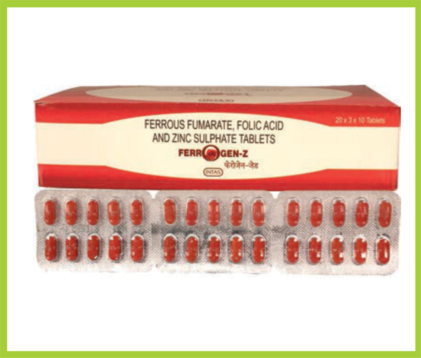 Ferrogen-Z 10 Tab Ferrous Fumarate 152 mg + Folic Acid 750 mcg + Elemental Zinc 22.5 mg by Intas