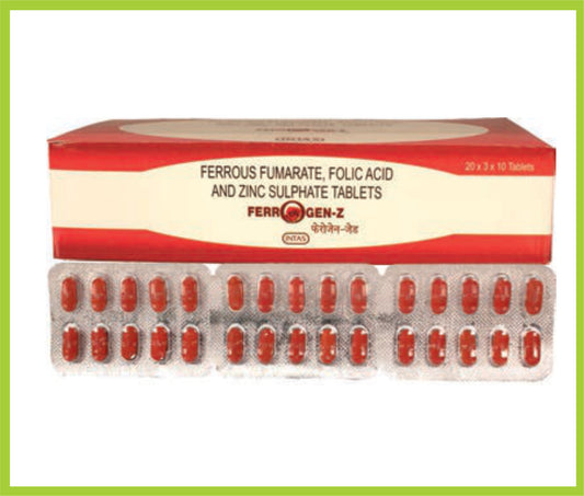 Ferrogen-Z 10 Tab Ferrous Fumarate 152 mg + Folic Acid 750 mcg + Elemental Zinc 22.5 mg by Intas