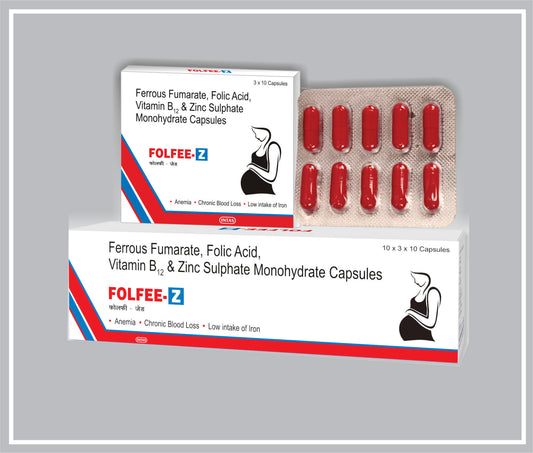 FOLFEE-Z 10 CAP (Ferrous Fumarate 304 mg + Folic Acid 1.5 mg + Vitamin B12 10 mcg + Zinc 15 mg) by Intas