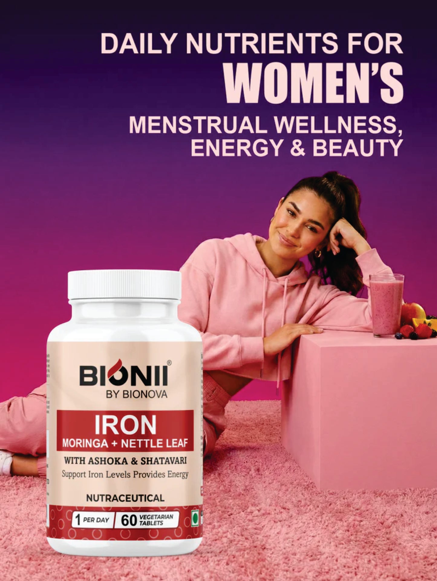 IRON TABS 60's (Iron 17mg, Moringa-50 mg, Nettle Leaf-50 mg, Saraca Indica Extract-50 mg, Asparagus Racemosus Extract-50 mg) by Bionova
