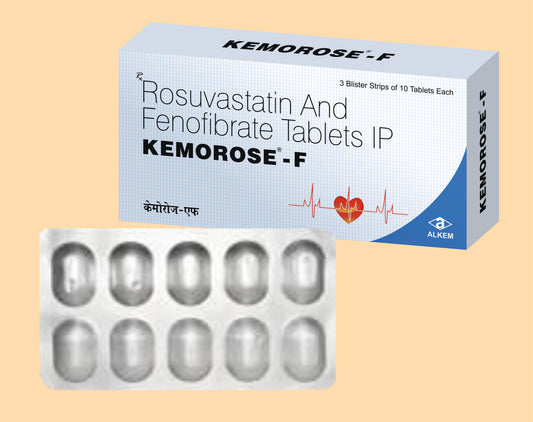 KEMOROSE F TABLETS (10'S) ( Rosuvastatin 10 Mg +Fenofibrate 160 Film Coated Tablet ) Alkem1