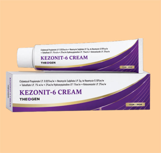 KEZONIT-6 CREAM (25X15MG) Clobetasol Propionate I.P. 0.05%w/w + Neomycin Sulphate I.P. Eq. to Neomycin 0.10%w/w + Tolnaftate I.P. 1% w/w + Lodochoorhydroxyquinoline I.P 1%w/w + Ketoconazole I.P. 2%w/w by Theon