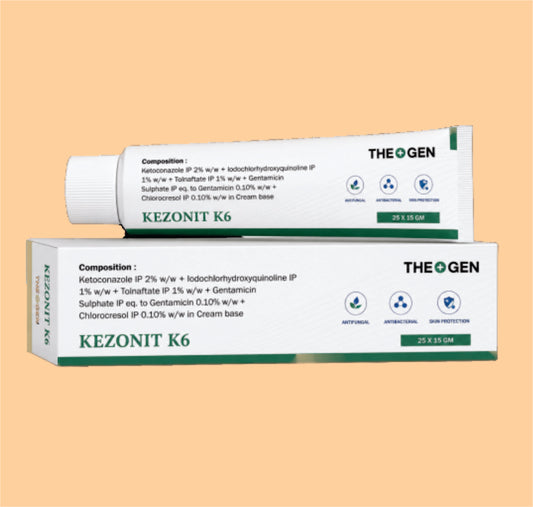 KEZONIT K6 (24 X 15 GMS) Composition :
Ketoconazole IP 2% w/w + Iodochlorhydroxyquinoline IP 1% w/w + Clobetasole Propionate IP 0.05% w/w + Gentamicin Sulphate IP eq. to Gentamicin 0.10% w/w + Chlorocresol IP 0.10% w/w
Cream base by Theon