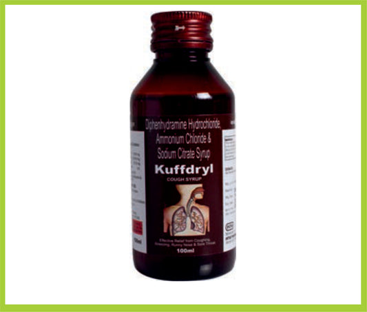 KUFFDRYL 100ML ( Diphenhydramine 14.08mg + Ammn. Cholr 138mg + Sod. Citrate 57.03mg ) by Intas
