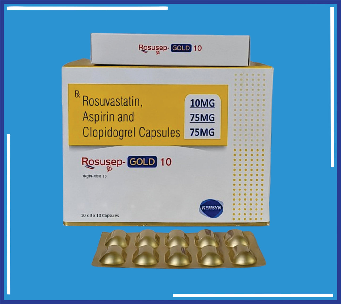 Rosusep Gold 10 Cap (Alu-Alu) (10x3x10) Each Hard Gelatin Capsule Contains: Rosuvastatin Calcium Ip Eq.To Rosuvastatin 10Mg, Clopidogrel 75Mg, Aspirin Ip 75Mg by Kemsyn