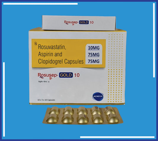 Rosusep Gold 10 Cap (Alu-Alu) (10x3x10) Rosuvastatin Cal. 10Mg, Clopidogrel 75Mg, Aspirin 75Mg  by Kemsyn