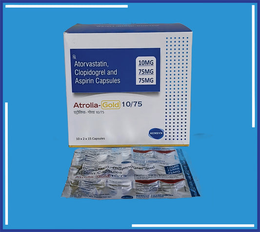 Atrolia Gold 10/75 Cap (Aluminium) (10x2X15) Aspirin 75Mg + Atorvastatin Calcium Ip 10Mg + Clopidogrel Bisulphate Ip 75Mg  by Kemsyn