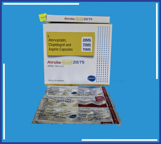 Atrolia Gold 20/75 Cap (Aluminium) (10x2X15) Aspirin 75Mg + Atorvastatin Calcium Ip 20Mg + Clopidogrel Bisulphate Ip 75Mg  by Kemsyn