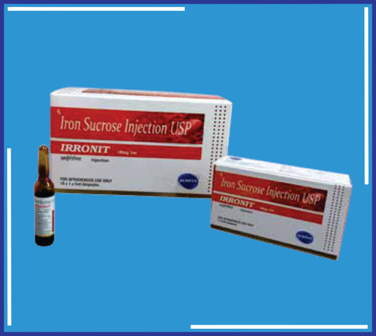 IRRONIT INJECTION (SPONGE PACK) 10X1X5Ml
(ShrinkOf10) (Ferric Hydroxide Complex With Iron Sucrose Eq. To Elemental Iron 20Mg Water For Injection Ip)by Kemsyn