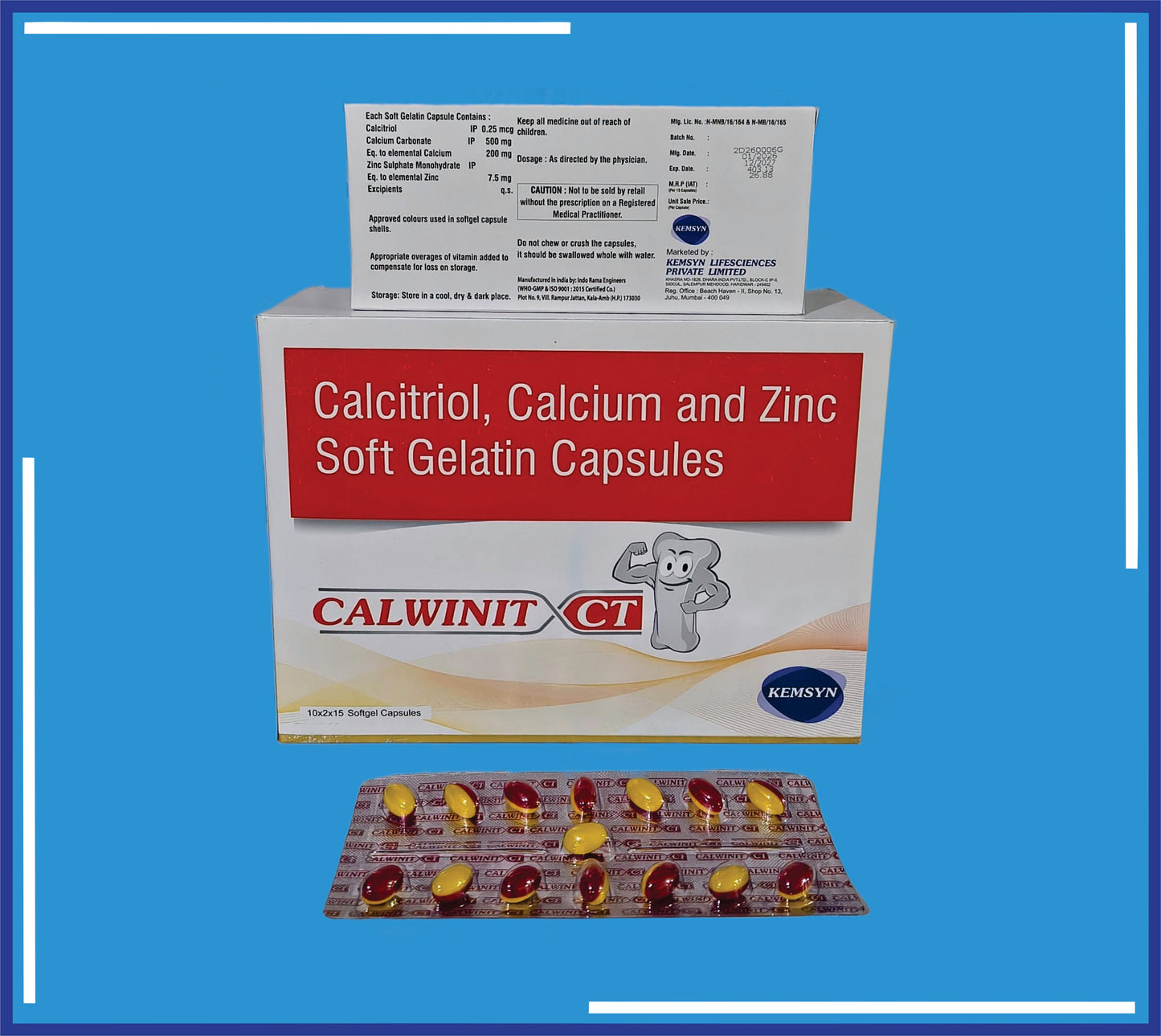 Calwinit Ct Capsule (Blister) (10x2x15) Each Soft Gelatin Capsule Contains :
Calcium Carbonate Eq To Elemental Calcium 200Mg + Calcitriol 0.25Mg + Zinc 7.5Mg by Kemsyn