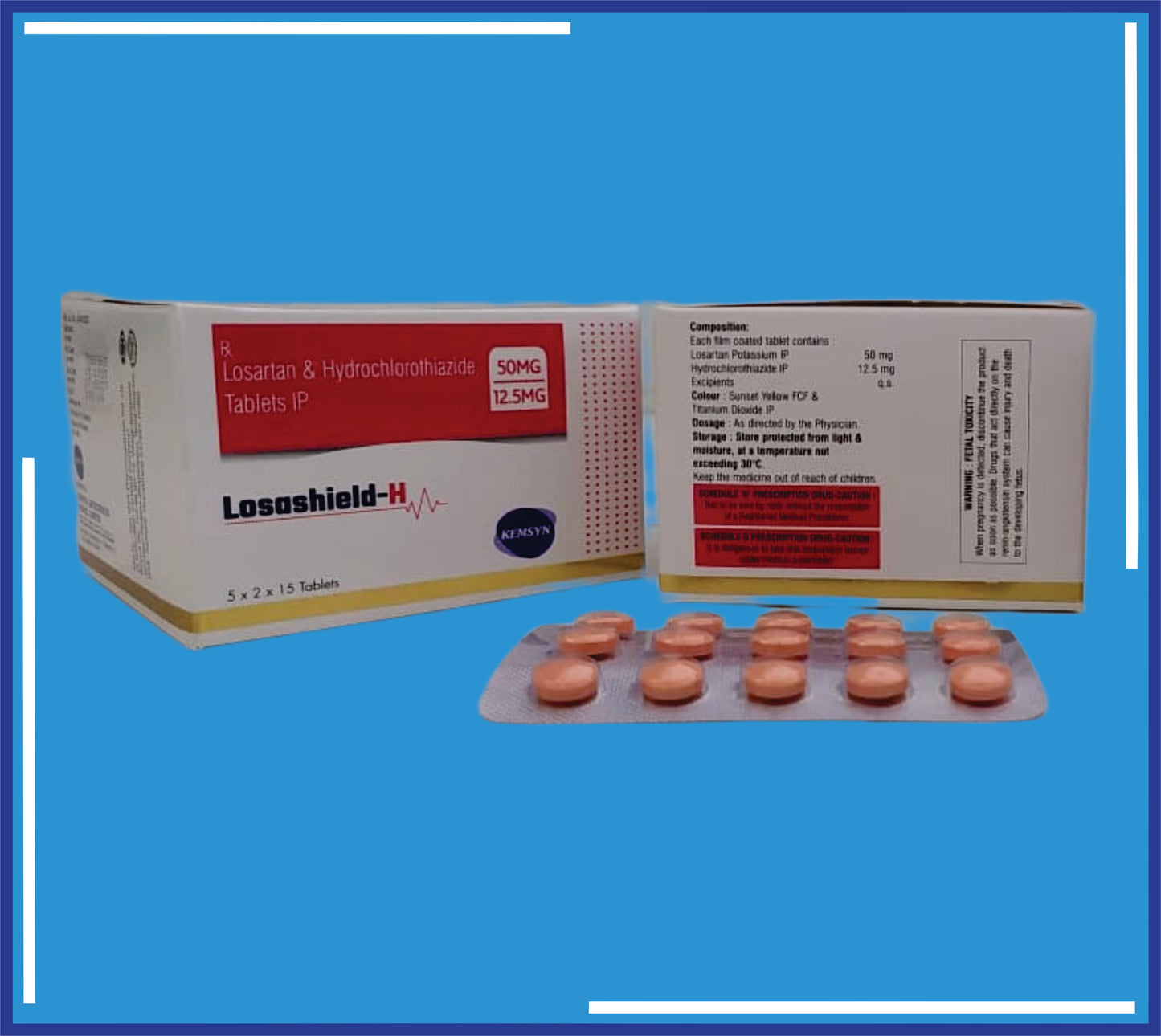 Losashield H Tablet (5x2x15) Each Film Coated Tablet Contains: Losartan Potassium 50Mg, Hydroclorthiazide Ip 12.5Mg Excipients Q.S by Kemsyn