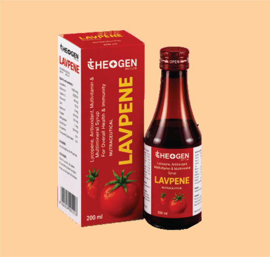 LAVIPENE SYP (200ML) Each 10ml contains: Lycopene 10% 2000mcg+ Niacinamide IP 25mg + Folic Acid IP 100mcg + Selenium 35mcg+ zinc3mg + Copper 500mcg + Iodine 100 mcg + Vit B12 1mcg + Vit B6 1.5mg by Theon