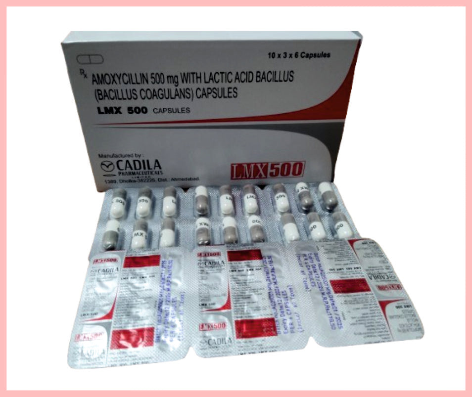 LMX 500MG CAP [REV FORMULA] 30X6 C 6 C ( Amoxycillin 500mg with 1.7 billion lactic acid bacillus spores capsule ) by Cadila