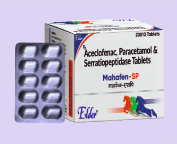MAHAFEN SP TABS (100/325/15MG) 10'S ( Aceclo 100mg,Para 325mg,Serretio 10mg ) by Elder