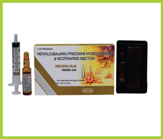 MECOFOL PLUS INJ 2ML (DISPO PACK) ( Each 2ml contains Mecobalamine 1000 mcg Vitamin B 6 100mg Nicodinamide 100mg Benzyle Alchohol 2% WFI QS ) by Intas