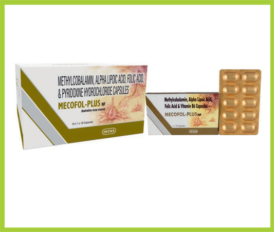MECOFOL PLUS NF 10 CAP (Combo) ( Methylcobalamin  1500 mcg; Alpha Lipoic Acid USP 100mcg; Folic Acid IP  1.5mg; Pyridoxine HCL IP 3 mg; Excipients  QS\ ) by Intas