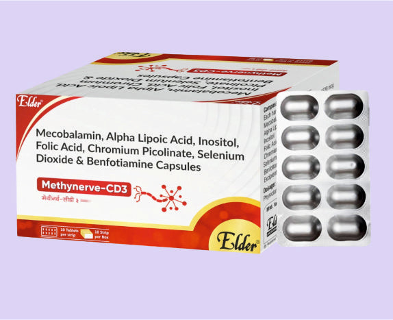 METHYNERVE CD3 TABS 10'S ( Methylcobalamin 1500mcg,Alpha Lipoic 100mg, Benfotiamine 150mg ,Inositol 100mg, Chromium Picolinate 200mcg,Pyridoxine Hydrochloride 3mg, Folic Acid 1.5mg,Vitamin D3 1000 IU & Calcium Carbonate 500mg ) by Elder