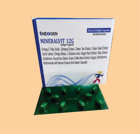 MINERALVIT 12G CAP (10X1X10) Each Softgel Capsule Contains : Omega-3 Fatty Acids 90 mg, Green Tea Extract 10 mg + Ginkgo Biloba 10 mg + Ginseng 42.5 mg + Grape Seed Extract 10 mg + Garlic Extract 5 mg + Guggal 10mg + DHA 60 MG + epa 90 Each  by Theon