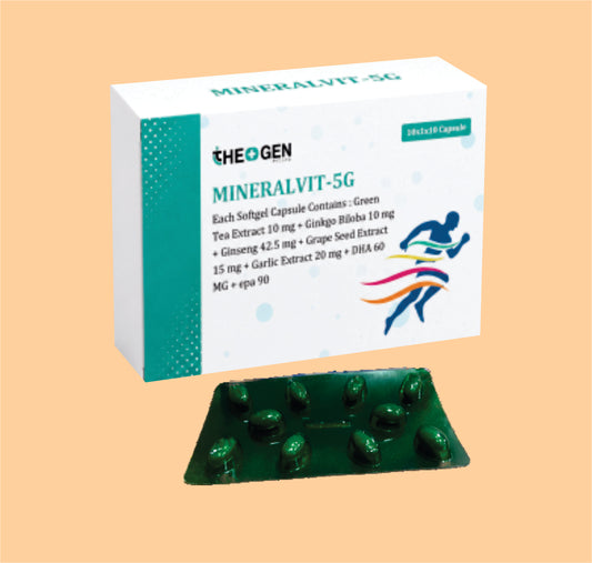 MINERALVIT-5G CAP (10X1X10) Each Softgel Capsule Contains : Green Tea Extract 10 mg + Ginkgo Biloba 10 mg + Ginseng 42.5 mg + Grape Seed Extract 15 mg + Garlic Extract 20 mg + DHA 60 MG + epa 90  by Theon