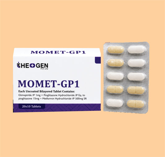 MOMET-GP1 (20x10 NEW PACK) Each uncoated bilayered tablet contains: Glimepiride IP 1mg + Pioglitazone Hydrochloride IP Eq. to pioglitazone 15mg + Metformin Hydrochloride IP 500mg SR  by Theon
