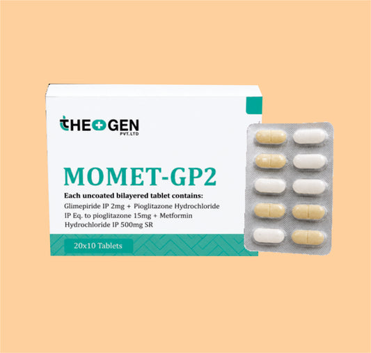 MOMET-GP2 (20x10 ) Each uncoated bilayered tablet contains: Glimepiride IP 2mg + Pioglitazone Hydrochloride IP Eq. to pioglitazone 15mg + Metformin Hydrochloride IP 500mg SR  by Theon