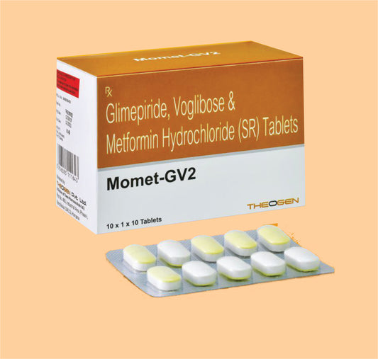 MOMET GV2 TAB (10x1x10) Each Uncoated Bilayered Tablet Contains: Glimepiride IP 2mg + Voglibose IP 0.2mg + Metformin Hydrochloride IP 500mg SR by Theon