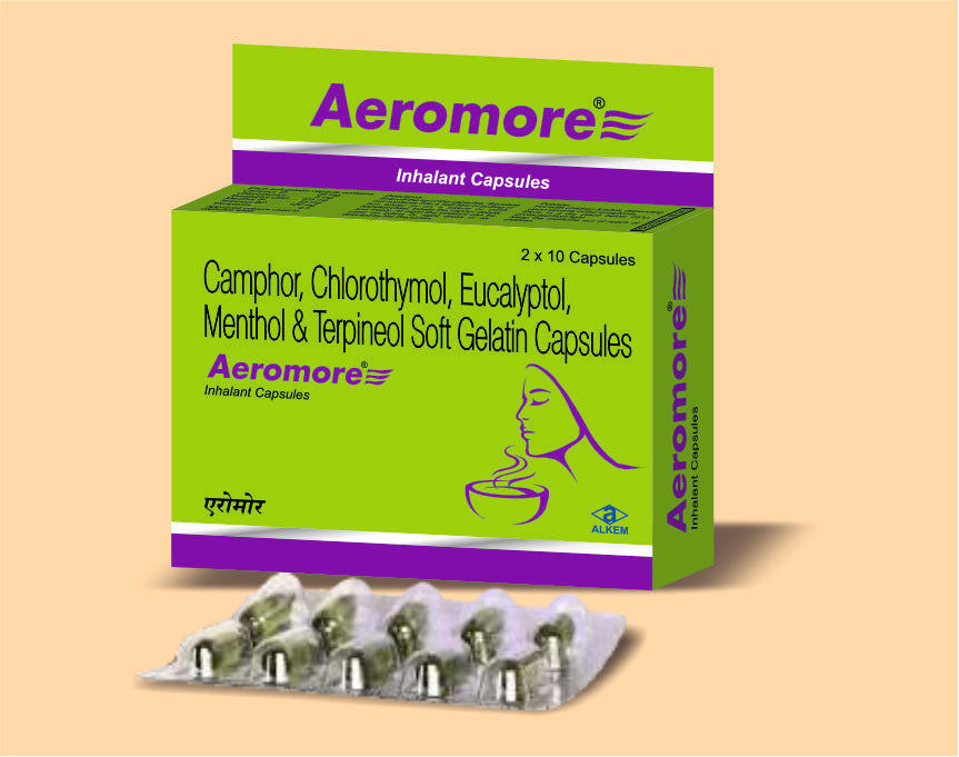 Aeromore Inhalent Capsule (10'S) 10's Camphor 25 mg + Chlorothymol 5 mg + Eucalyptol 125 mg + Menthol 55 mg + Terpineol 120 mg by Alkem1