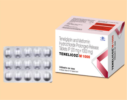 Tenelicoz M 1000 Tablets 15'S 15's Teneligliptin 20 mg + Metformin Hydrochloride 1000 mg by Alkem1