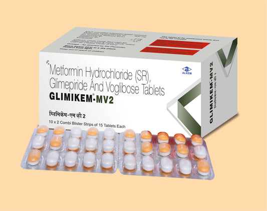 Glimikem Mv2 Tablets (15'S) 15's Glimepiride 2 mg + Metformin 500 mg + Voglibose 0.2 mg by Alkem1