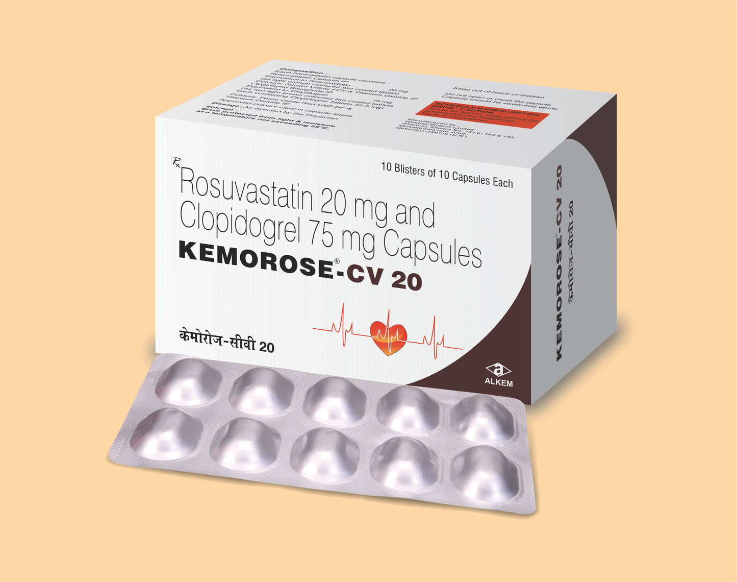 KEMOROSE - CV 20 CAPSULES (10'S) (10's) Rosuvastatin 20 mg, Clopidogrel 75 mg by Alkem1