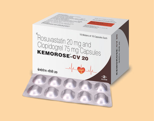 KEMOROSE - CV 20 CAPSULES (10'S) (10's) Rosuvastatin 20 mg, Clopidogrel 75 mg by Alkem1