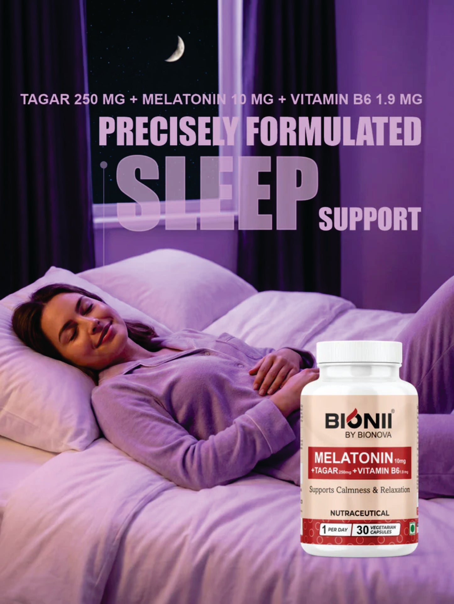 MELATONIN  MG + TAGAR 250 MG + VITAMIN B6 1.9 MG CAPS 30's (Melatonin 10mg, Tagar 250mg, Vitamin B6 2mg) by Bionova