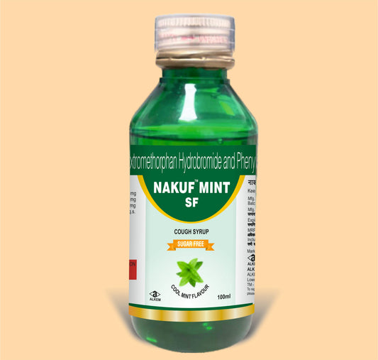 NAKUF MINT (100ML) ( Dextromethorphan Hydrobromide Ip 5Mg, Phenylephrine Hydrochloride Ip
2.5Mg, Cetirizine Hydrochloride Ip 2.5Mg, Flavoured Syrupy Base Q.S ) by Alkem