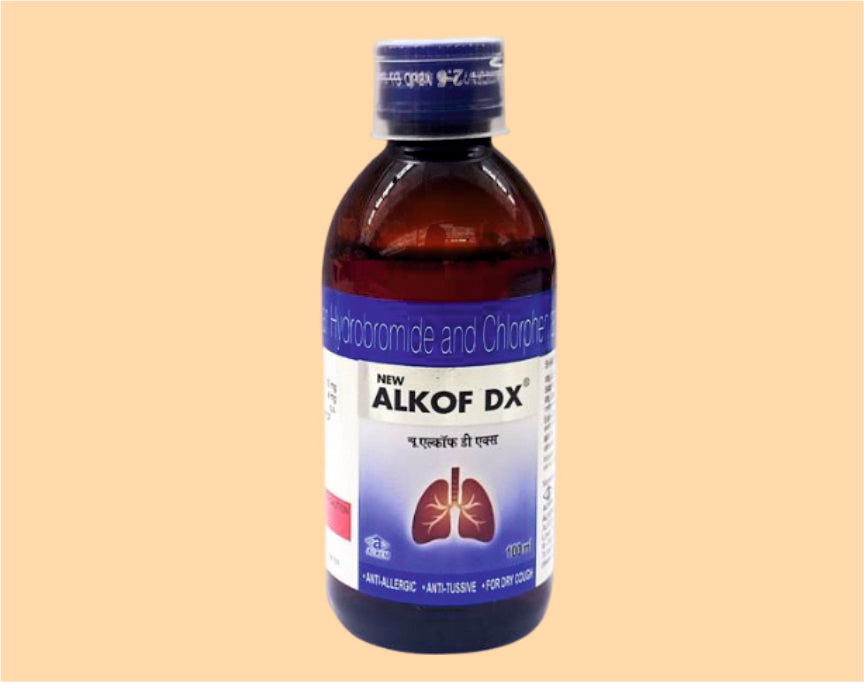 New Alkof Dx Syrup (100Ml) pack 100Ml ( Chlorpheniramine Maleate 4 Mg + Dextromethorphan Hbr 10 Mg / 5 Ml  (100Ml) ) by Alkem1