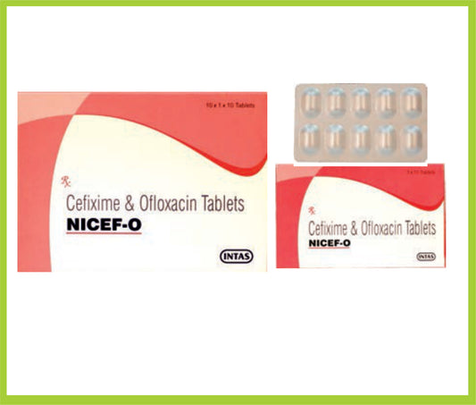 NICEF-O 10 TAB ( Eeach Film coated tab contains Cefixime IP       200mg, Ofloxacin IP      200mg ) by Intas